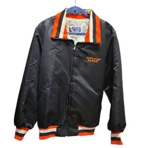 Black satin Azusa Pacific University varsity jacket